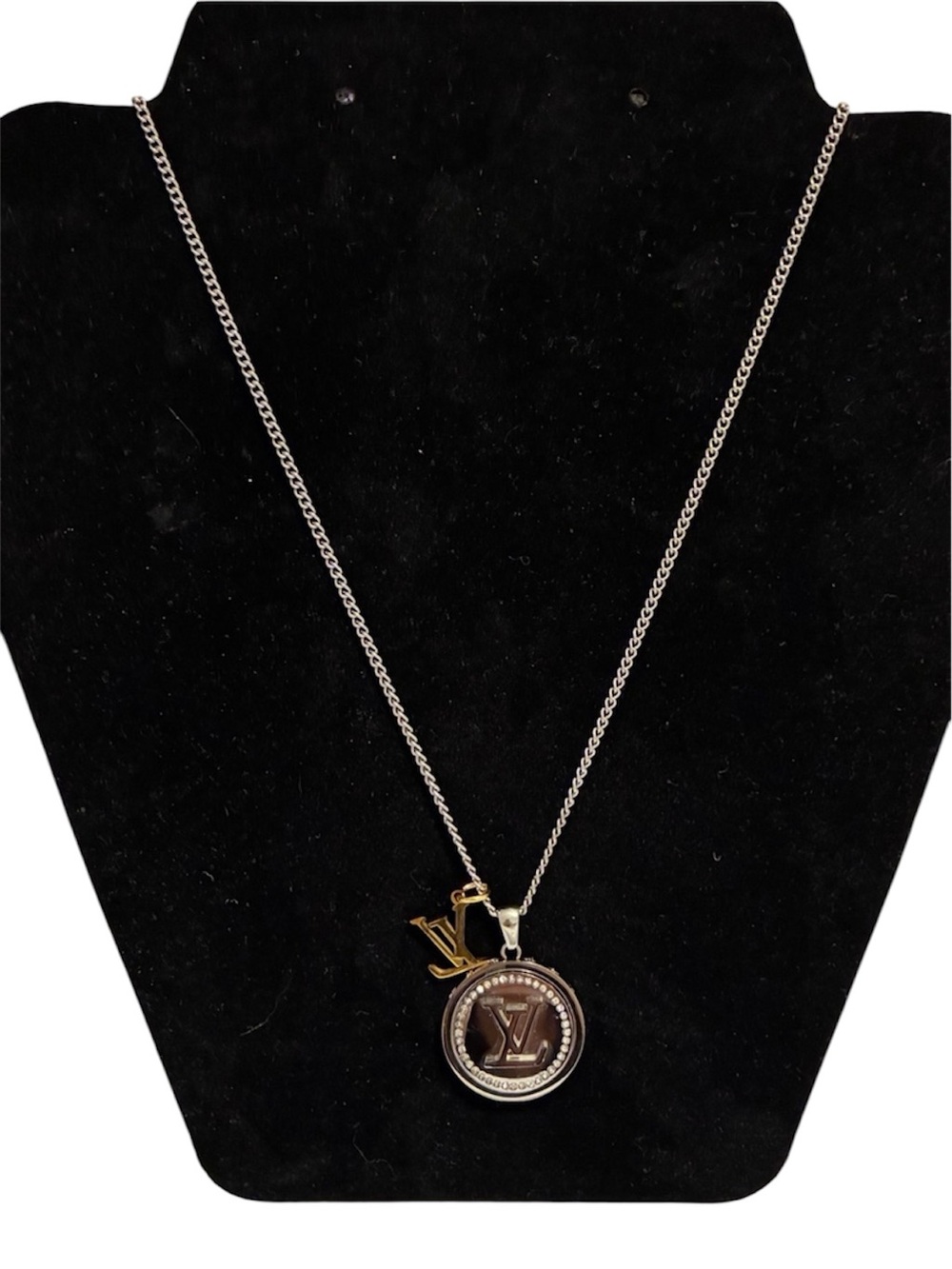 Vintage Silver Chain Necklace with Brown and Gold Medallion